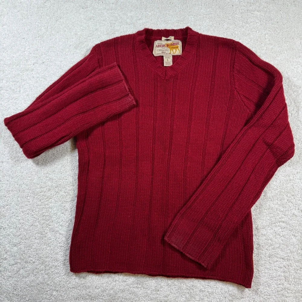 Abercrombie Sweater Mens L Red Vintage Muscle V-Neck Ribbed Wool Blend Knit
